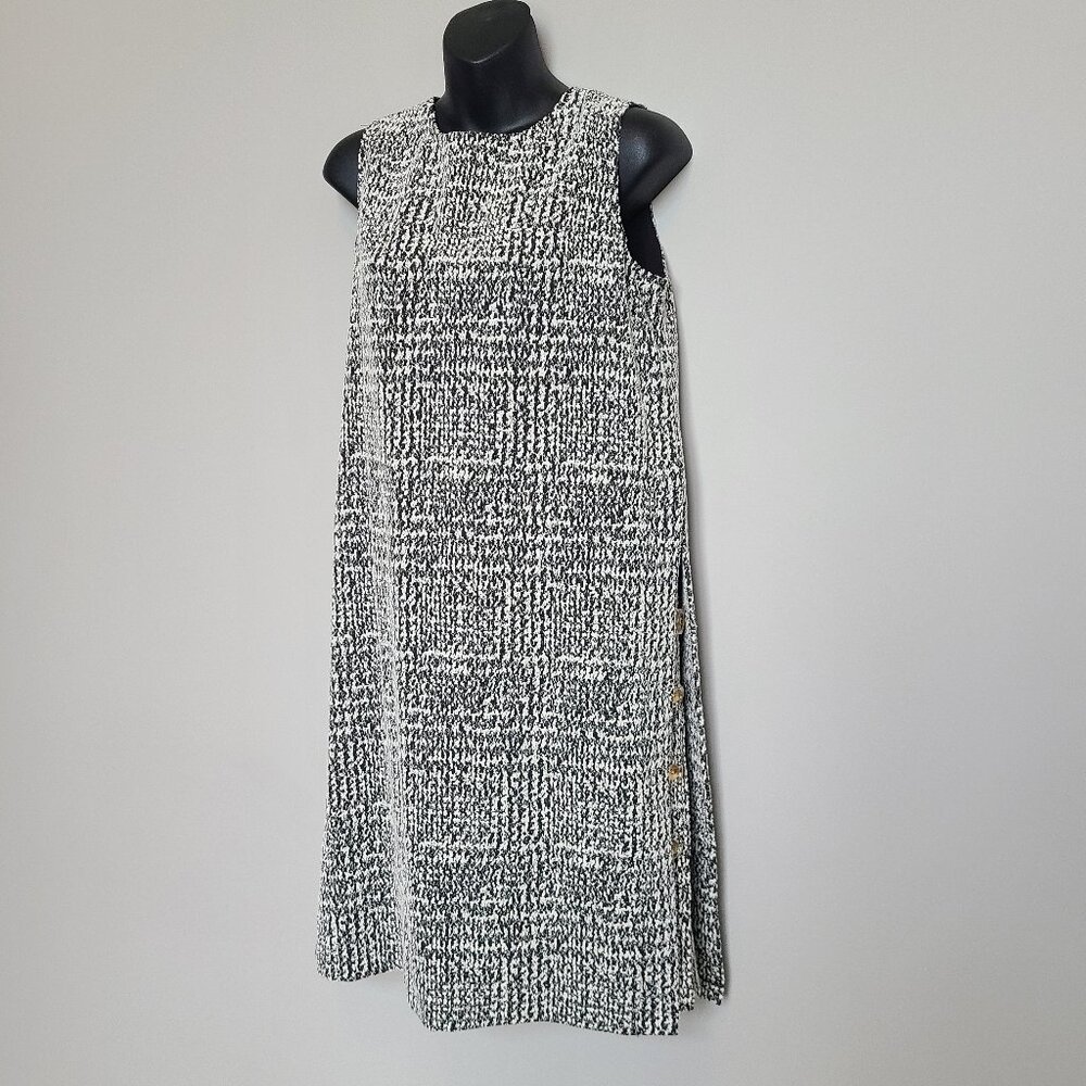 J McLaughlin Textured Knit Shift Dress Small Black White  gold button accents